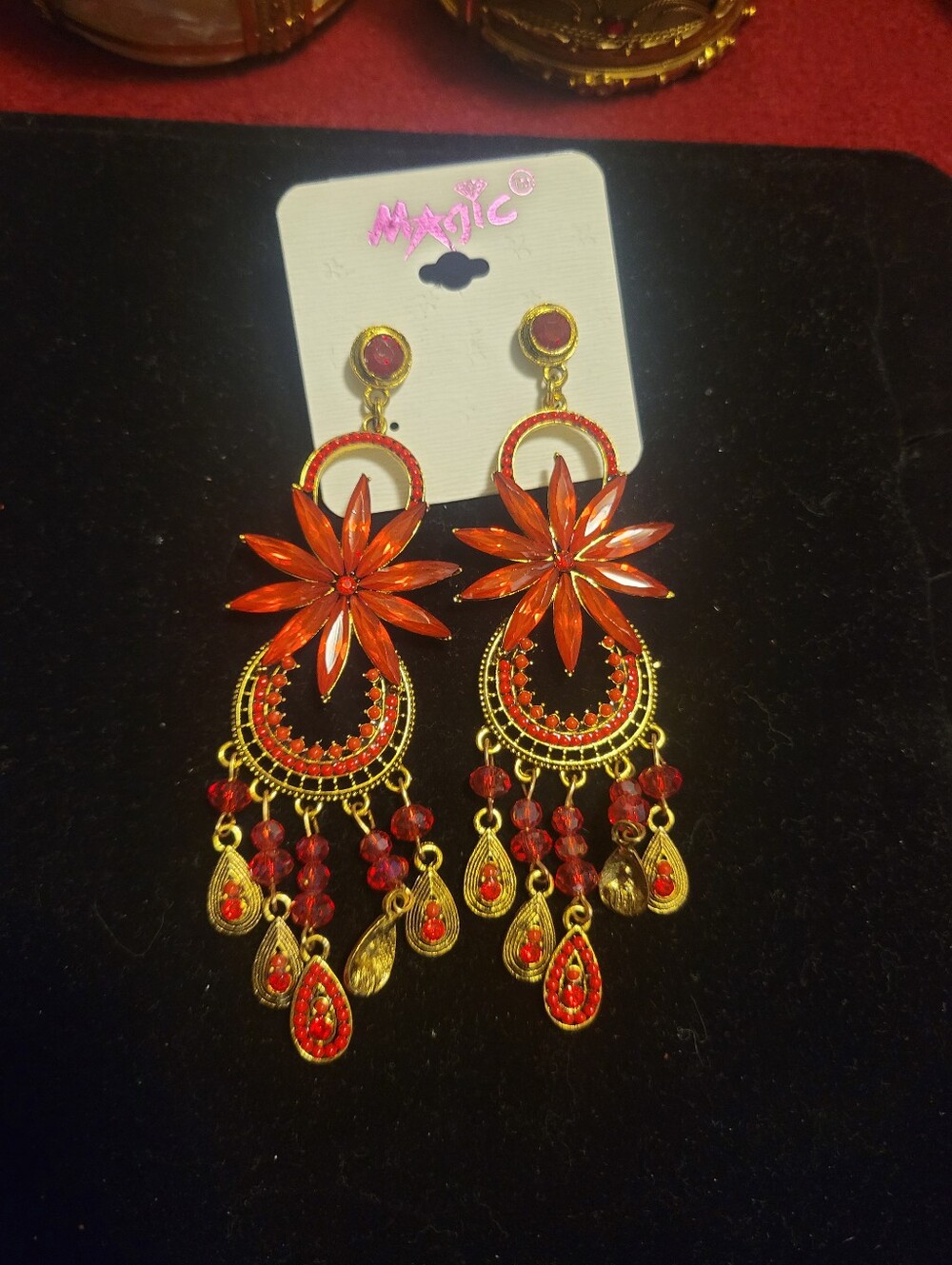 Magic Orange-Red Floral Chandelier Earrings